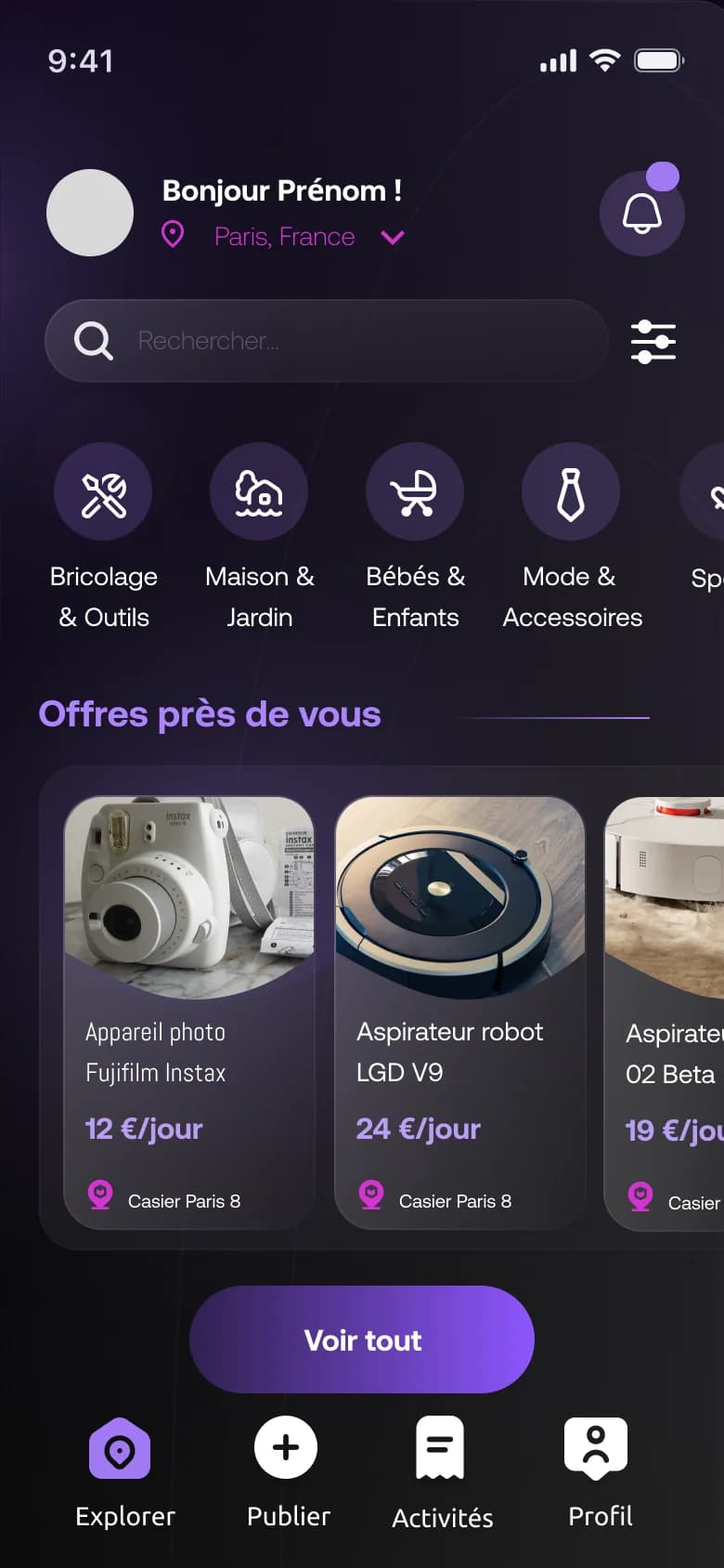 Écran d'accueil de l'application Yakloué : objets à louer près de vous