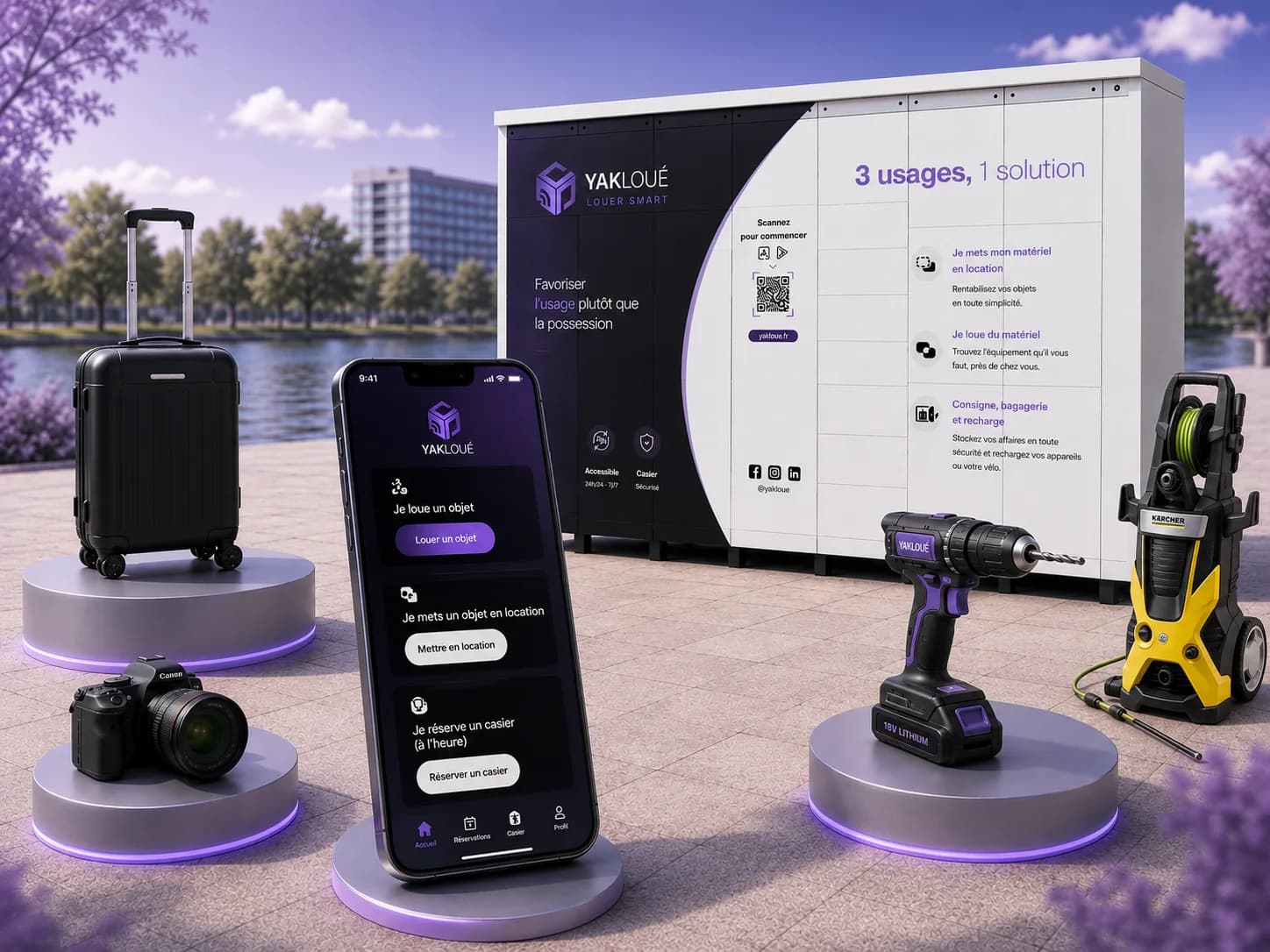 Casier connecté Yakloué avec smartphone, bagages et perceuse sur fond urbain